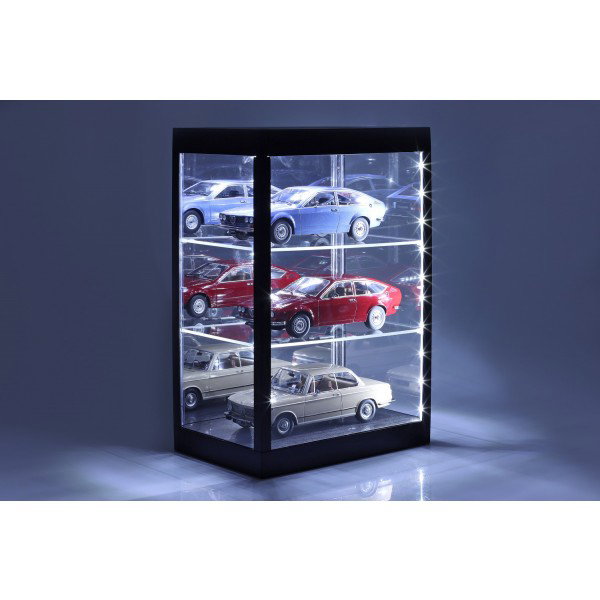 Display case with LED lighting and mirror for model cars on a scale of 1/18, 1/24, 1/43 black