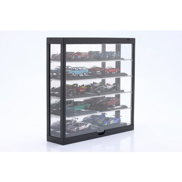 Display case with LED lighting and mirror for model cars on a scale of 1/43, 1/64 black